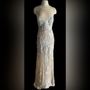 Alberto Makali Beige Lace Appliqué Gown
